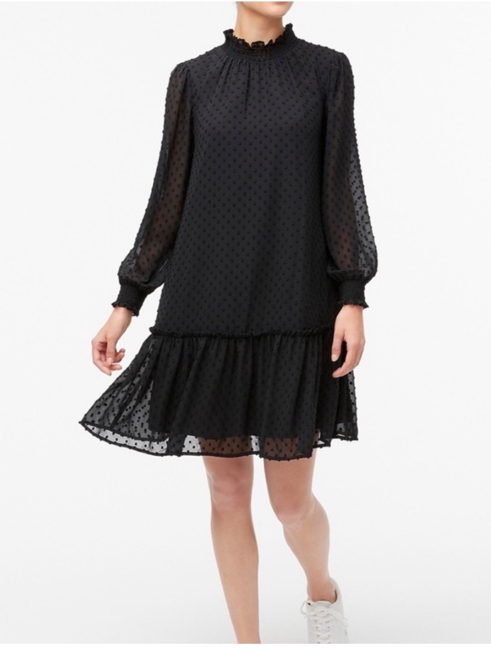 J. Crew Black Smocked Long-Sleeve Drop-Waist Dress